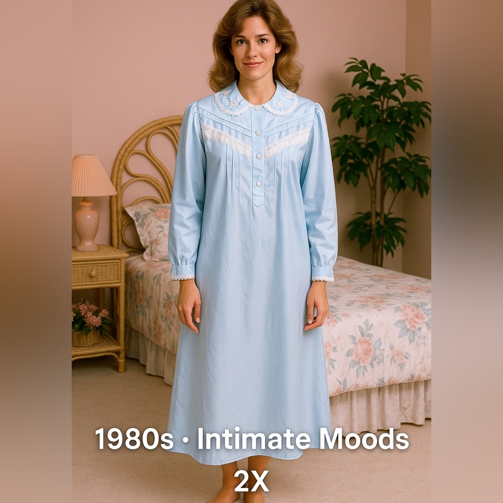 Vintage Intimate Moods Blue Satin Nightgown – 2X Cottagecore Lace Trim